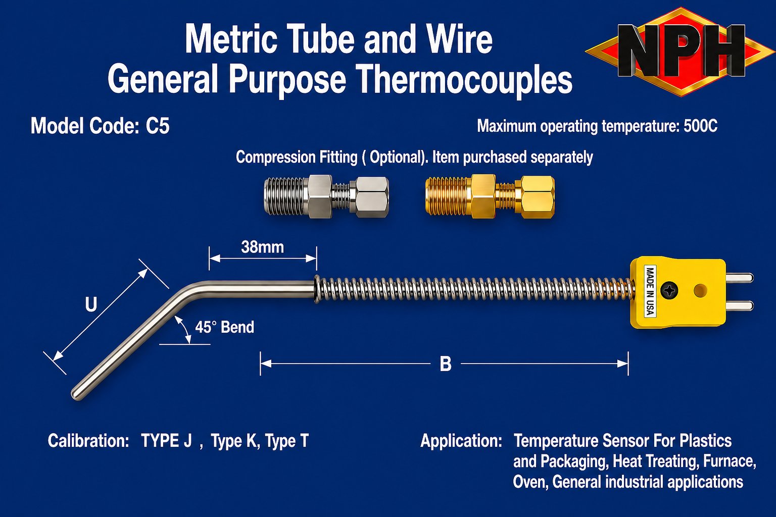 NPH Metric General Purpose Thermocouple-45 Bend-C5